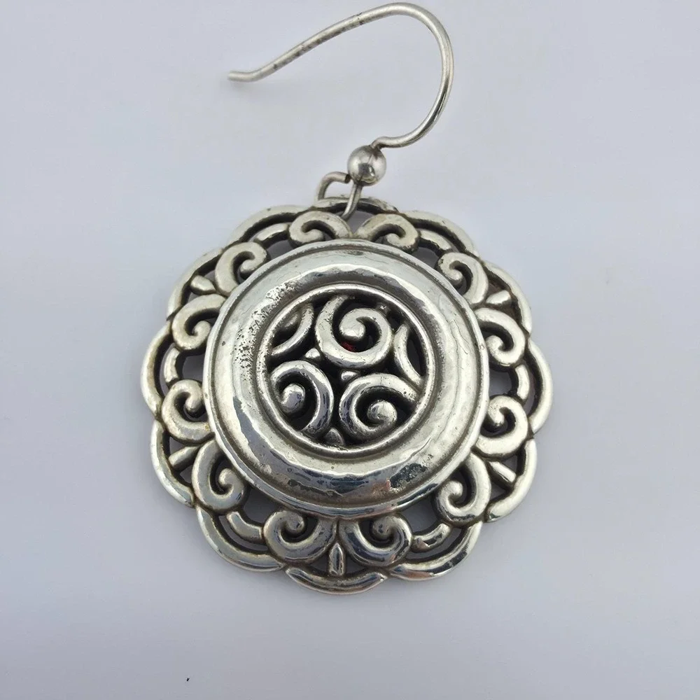 BRIGHTON 'Woodstock Moonflower' Earrings Ornate Scrollwork Silver Plate 1.5